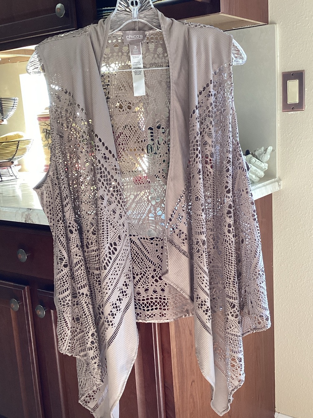Chico's Taupe Crochet Open-Front Tunic Vest